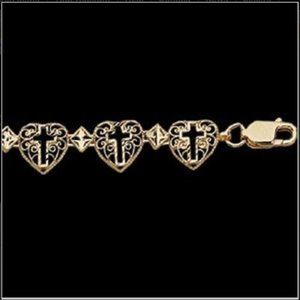 ISO 14k or 10K Gold Hearts Filigree Bracelet with cut-out Crosses